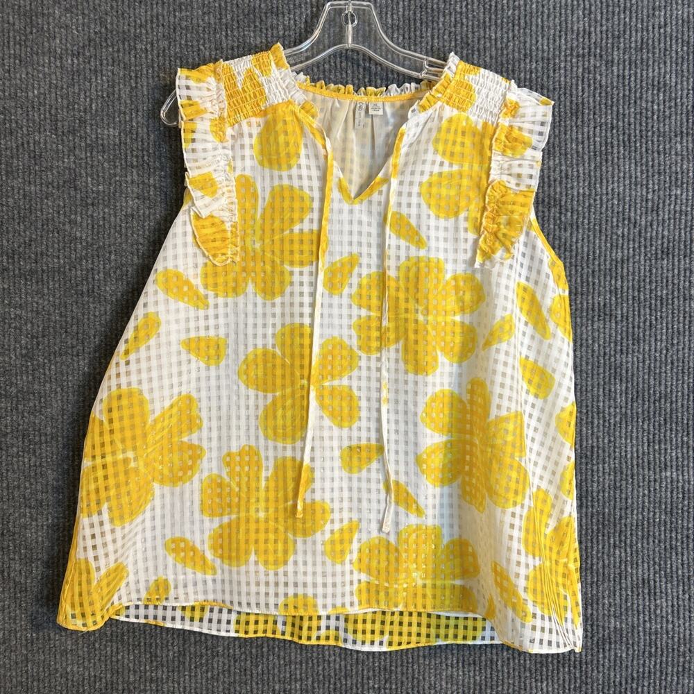Cato Womens Blouse Size XL White Yellow Floral Shimmer Sleeveless Preppy Boho